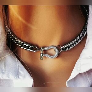 Western Horseshoe Silver Chain Necklace with Rhinestone Buckle Pendant Cowgirl